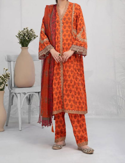 MARIA B PRINTED SHIRT WITH EMBROIDERED NECKLINE